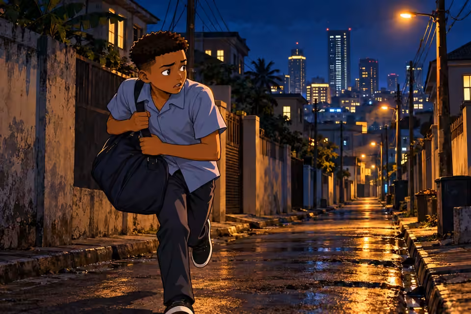 Demola hurries through a Lagos side street as night falls.