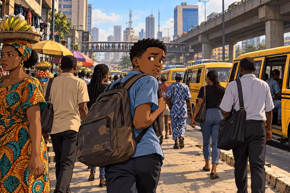 Demola glances anxiously behind him while moving through a crowded Lagos street.