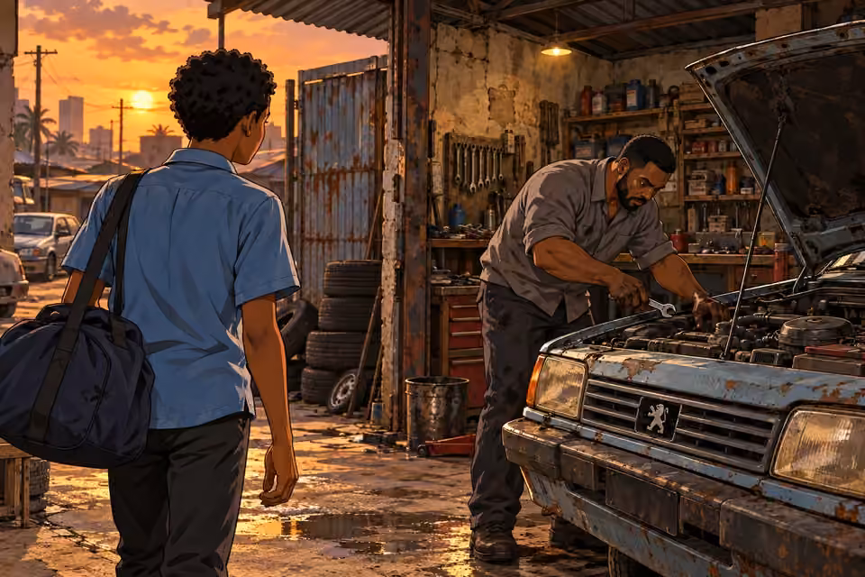 Demola approaches a run-down workshop where Musa repairs an old Peugeot.
