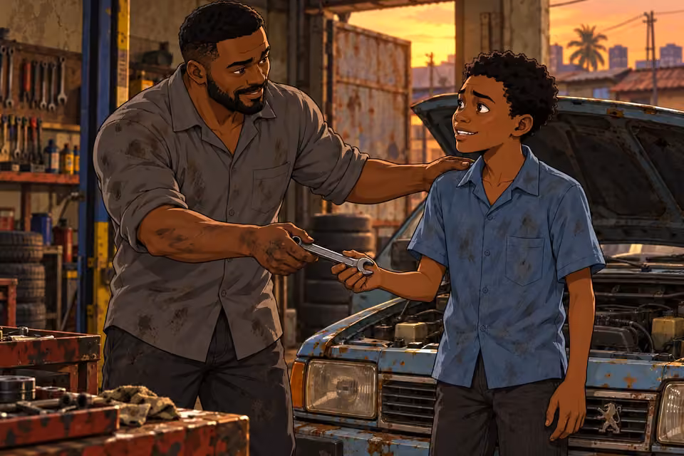 Musa reassures Demola and hands him a spanner to start work.