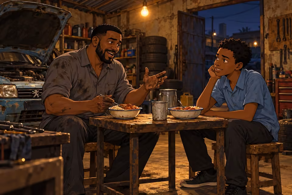 Musa tells Demola stories while they share a simple evening meal.