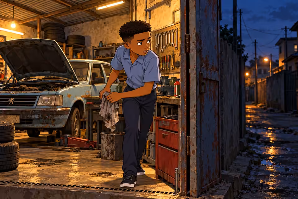 Demola looks out from the workshop, unable to shake his fear.