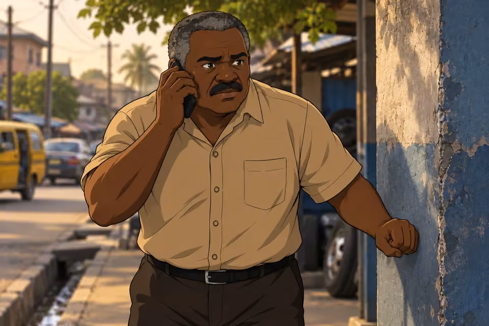 Kayode listens to a tip that Demola has been seen at a mechanic’s workshop.