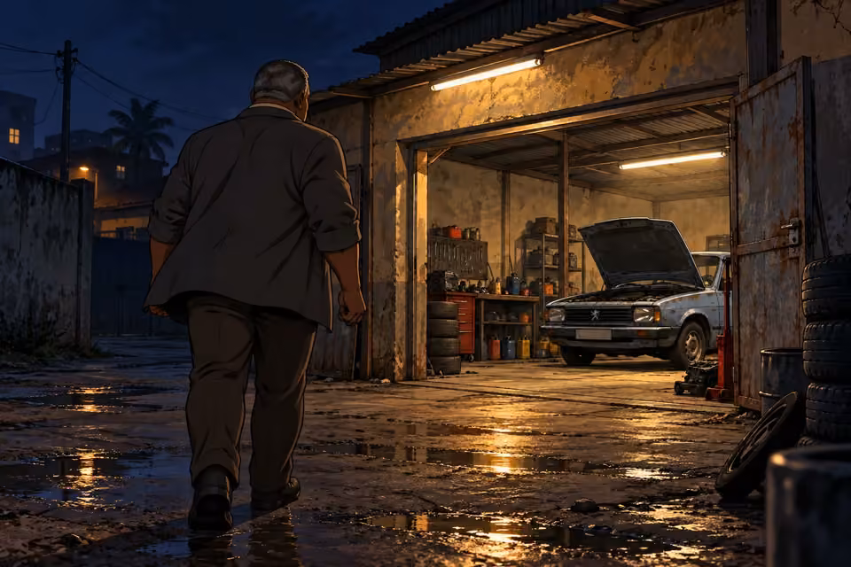 Kayode approaches the mechanic’s workshop as night falls.