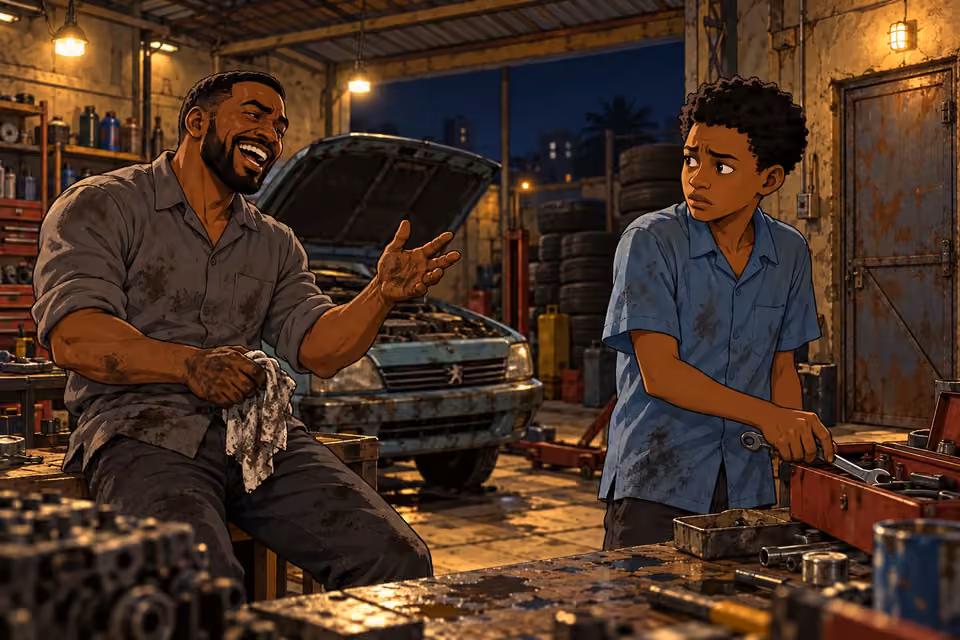 Musa laughs over a story while Demola listens distractedly in the workshop.