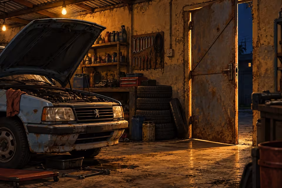 The workshop’s side door slowly creaks open.