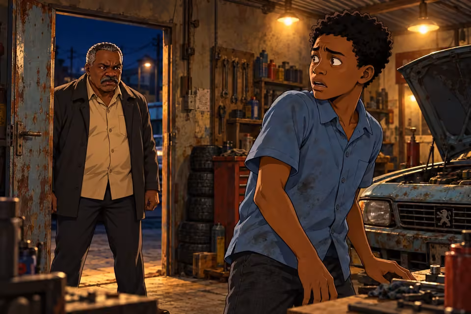 Demola turns to see Kayode standing in the workshop doorway.