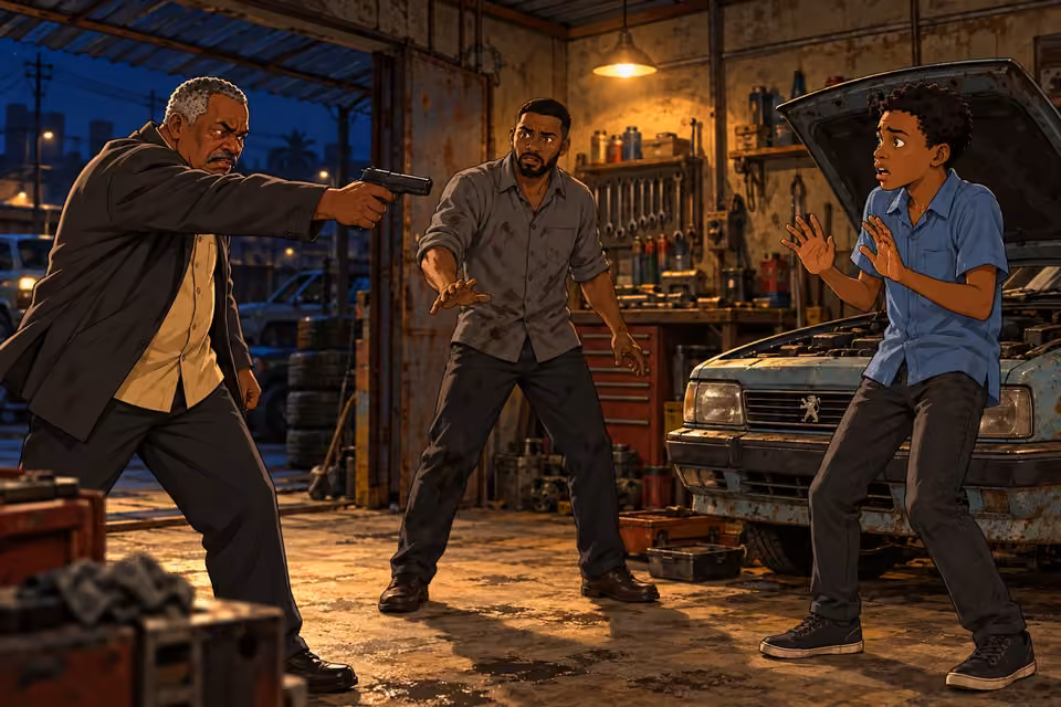 Kayode draws his gun while Demola stands frightened in the workshop.