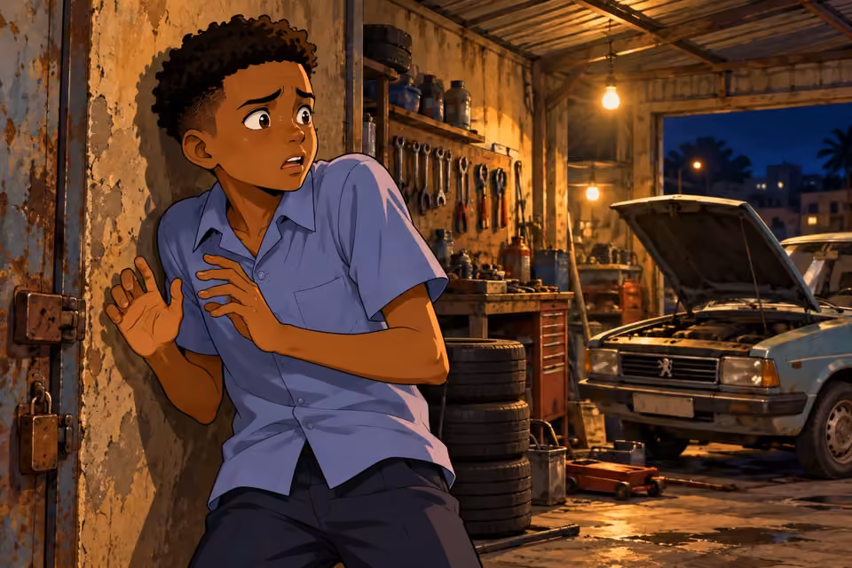Demola freezes in fear during the confrontation.
