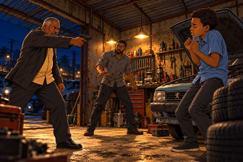 Demola braces in the nighttime mechanic workshop as Kayode threatens him and Musa prepares to intervene.