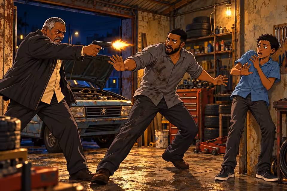 Kayode pushes past Musa and fires across the workshop.