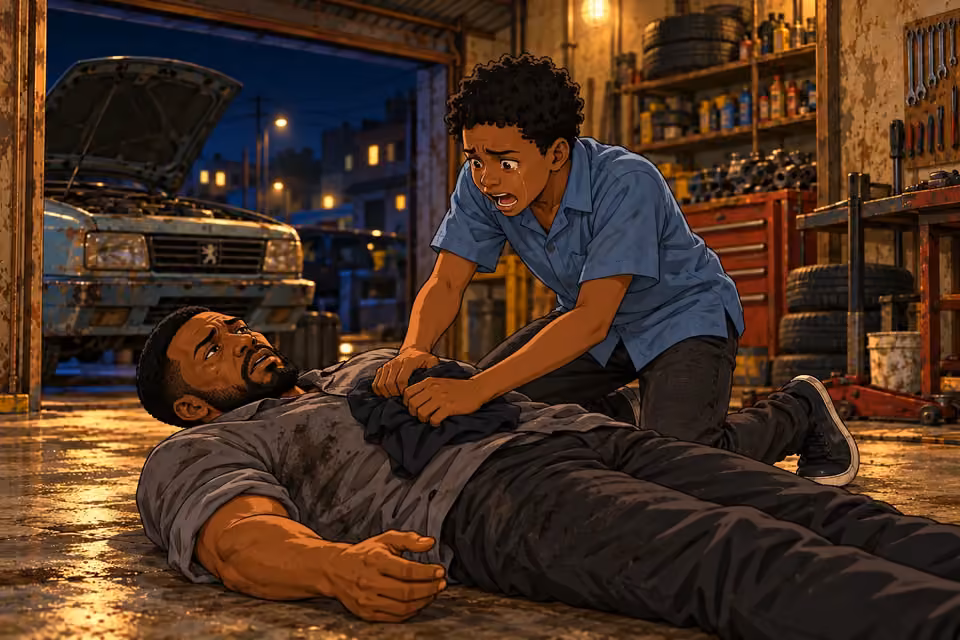 Demola kneels beside Musa and desperately tries to help him.