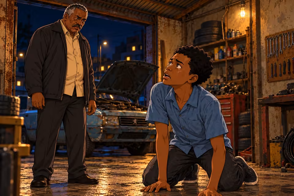 Demola looks up at Kayode in grief and horror.