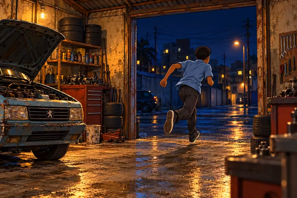 Demola runs from the workshop into the night.
