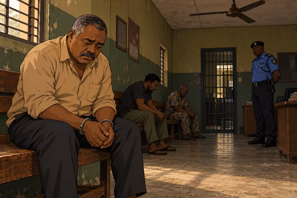 Kayode sits handcuffed on a police-station bench among other detainees.