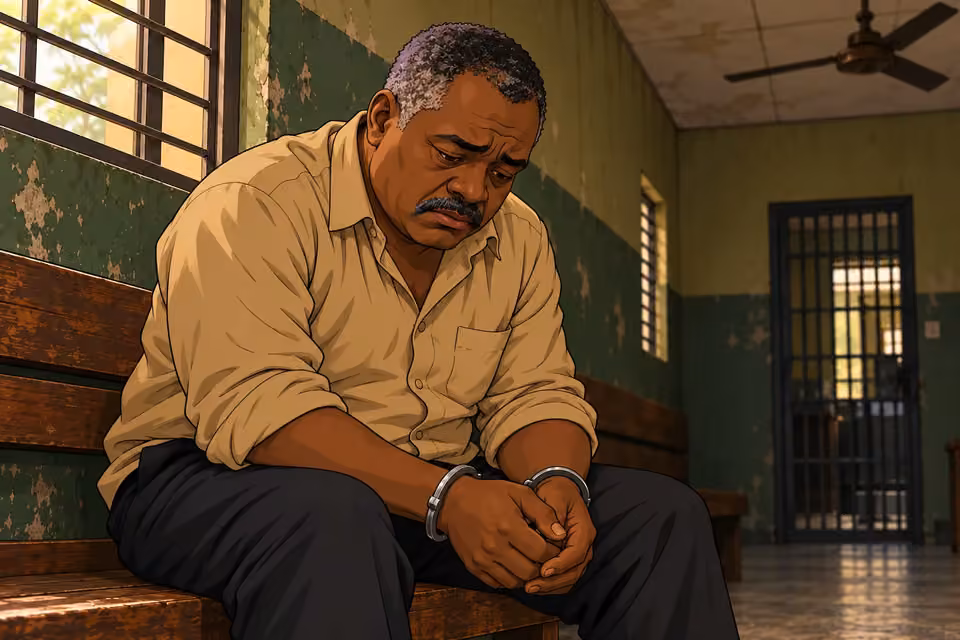 Kayode sits with cuffed hands, tormented by regret.