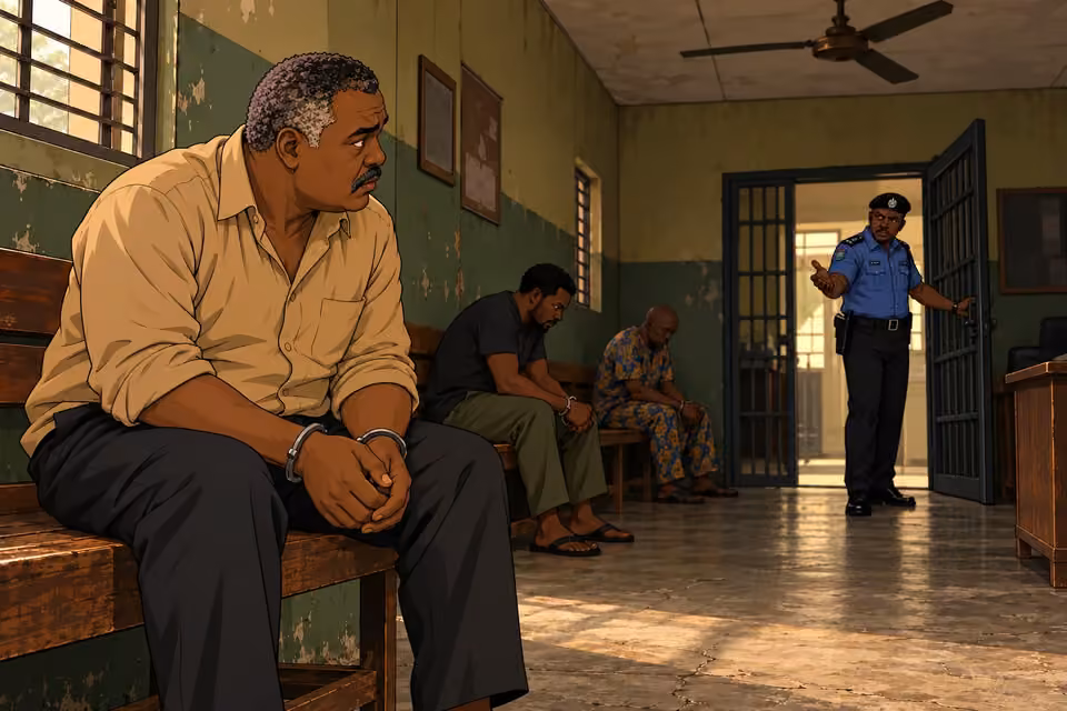 An officer calls Kayode from the waiting room to see visitors.