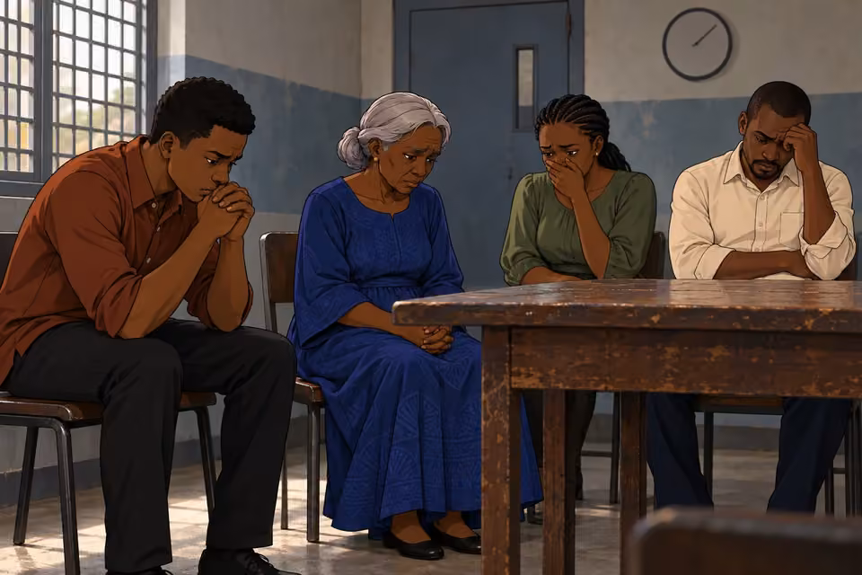 Aminat sits with grieving younger relatives in the visitation room.