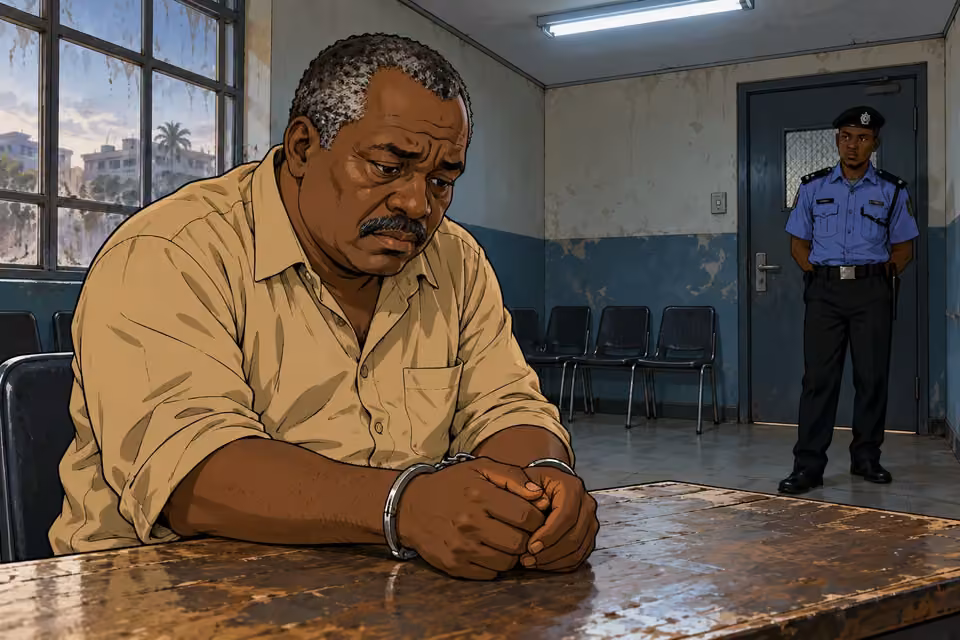 Kayode sits alone at a worn police-station table, his cuffed hands together in front of him.