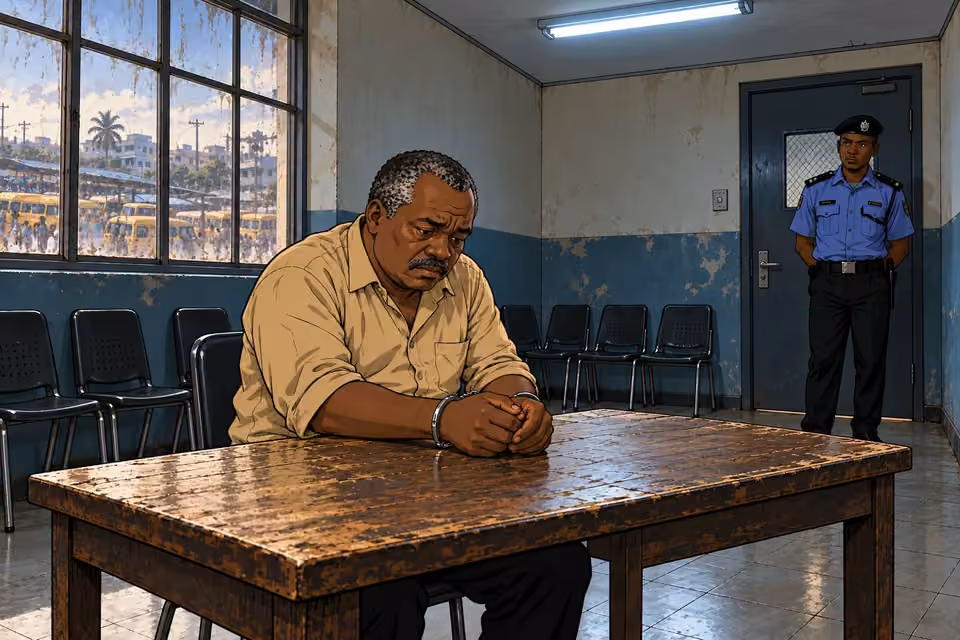 Kayode waits at a worn table in the sparse police room.