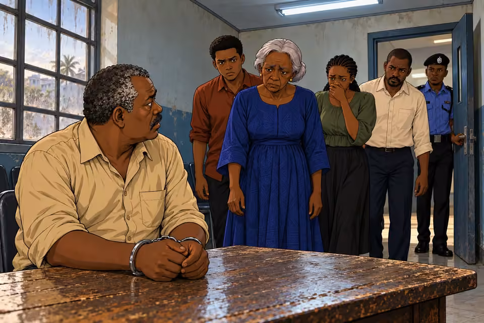 Aminat enters the waiting room with younger family members.