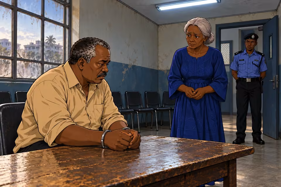 Aminat approaches Kayode while the officer watches by the door.