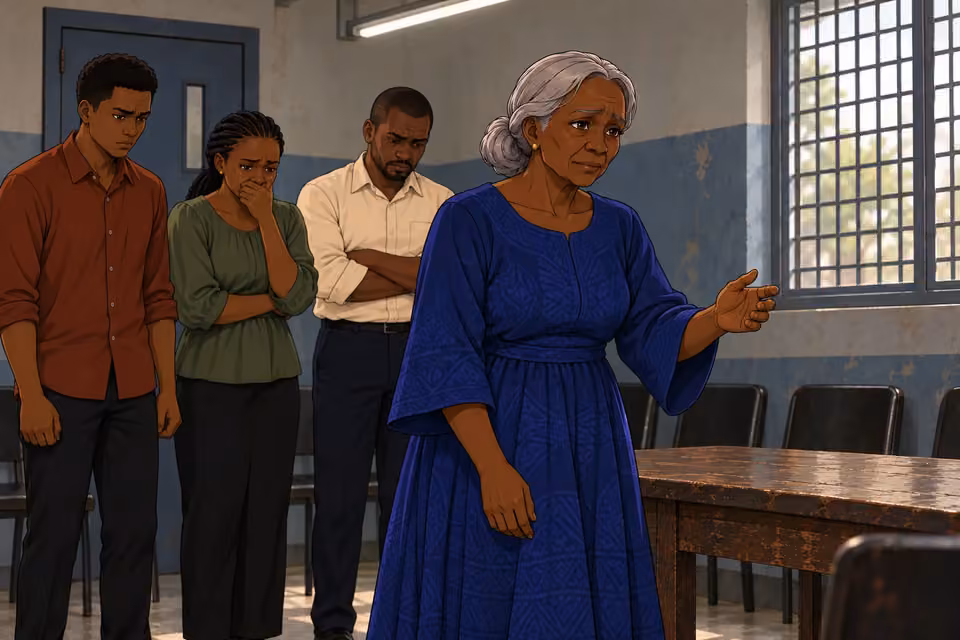 Aminat moves closer while her younger relatives remain behind.