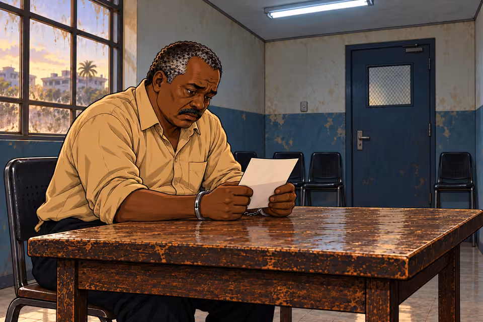 Kayode studies the letter in solitude.