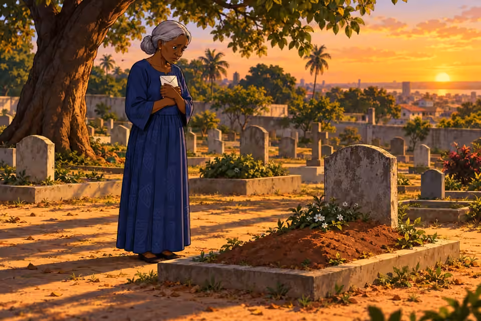 Aminat stands alone beside Kayode's grave, clutching a letter in the quiet afternoon cemetery.