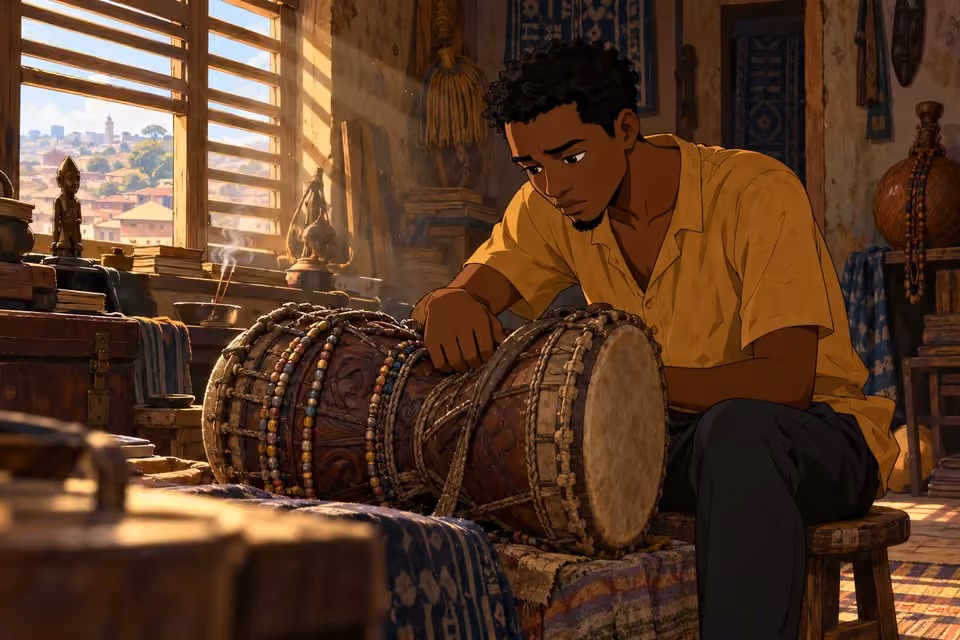 Cartoon illustration of a grieving Ayo studying the carved Batá drum in his sunlit, cluttered Ibadan room.