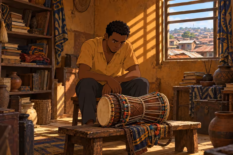 Cartoon illustration: Ayo sits hunched in his cluttered Ibadan room under harsh midday light.