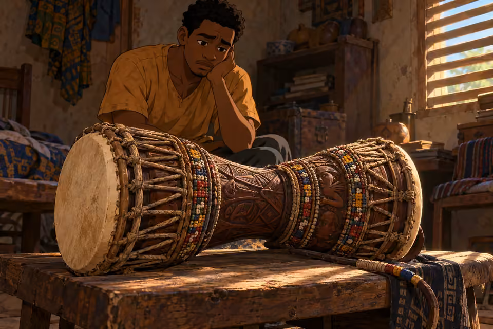 Cartoon illustration: The dusty carved Batá catches a sliver of sunlight as Ayo watches it.