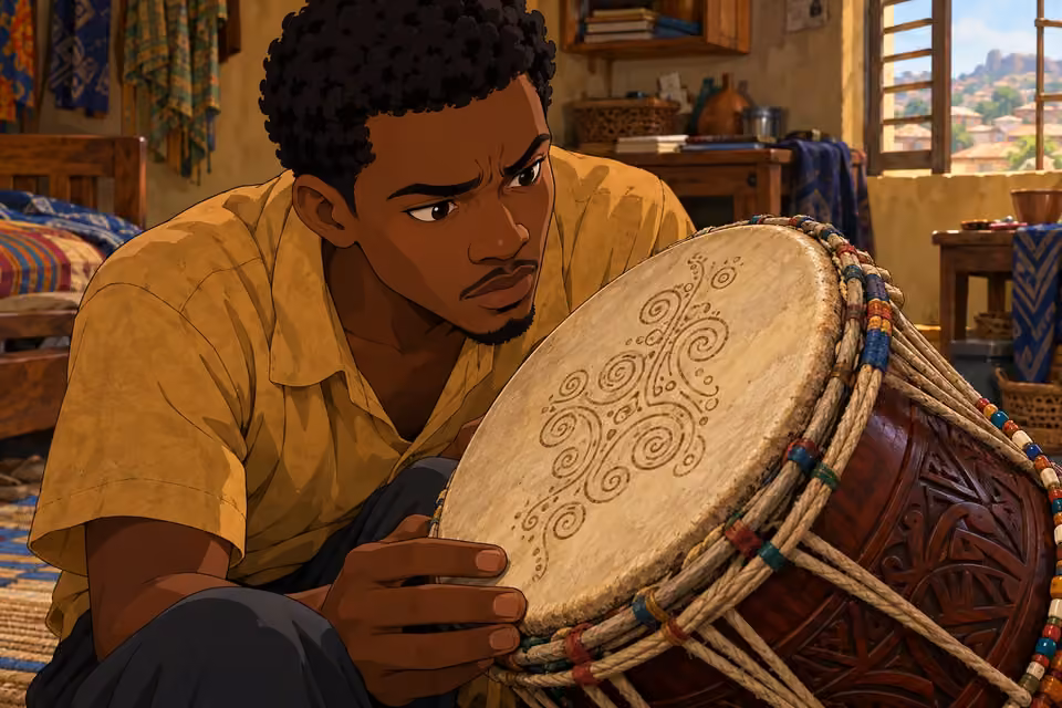 Cartoon illustration: Ayo peers closely at the swirls and spirals etched into the Batá’s drumhead.