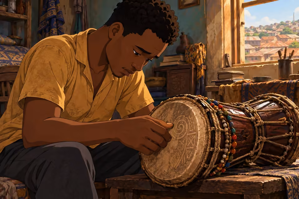 Cartoon illustration: Alone in the quiet room, Ayo traces the drum’s etched spiral with his thumb.