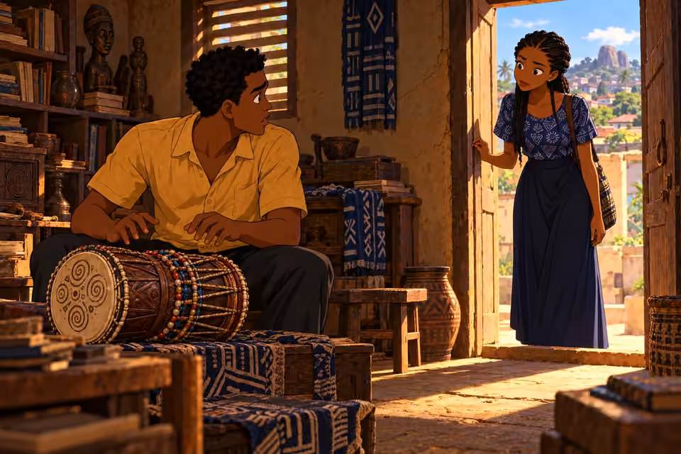 Ifáyemi arrives at Ayo’s door to ask about Batá drumming.