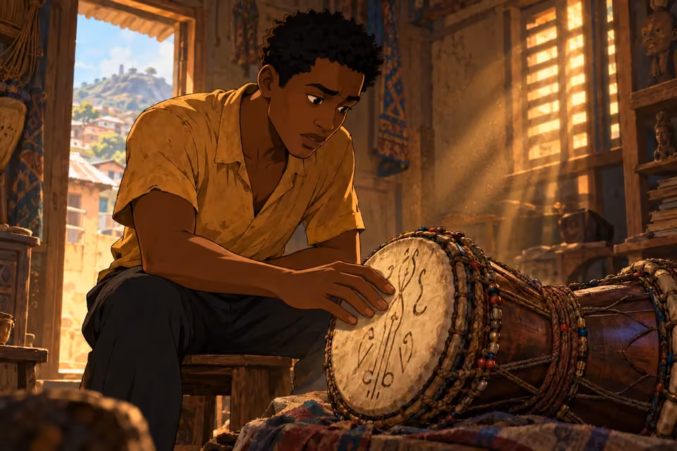 Cartoon illustration of Ayo running his fingers over mysterious grooves on the head of his Batá drum.