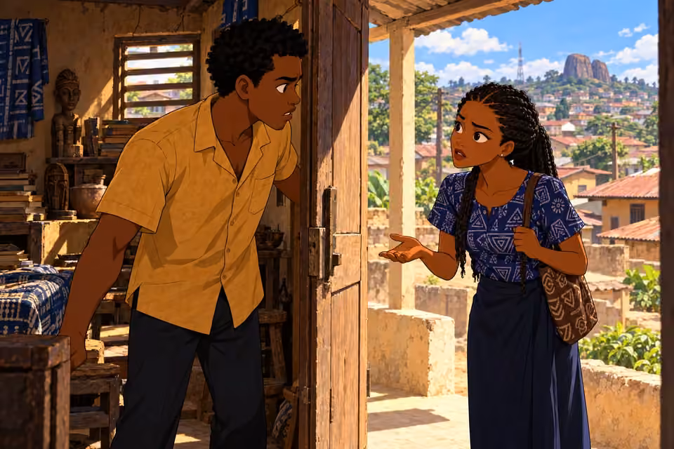 Ifáyemi asks whether Ayo is all right at the open doorway.