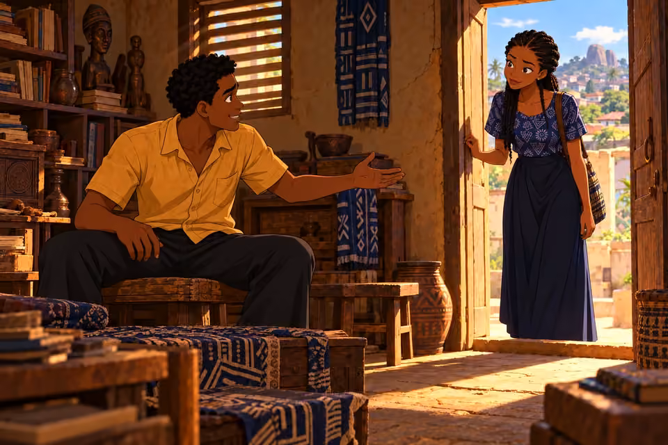 Ayo invites Ifáyemi back inside to discuss Batá drumming.