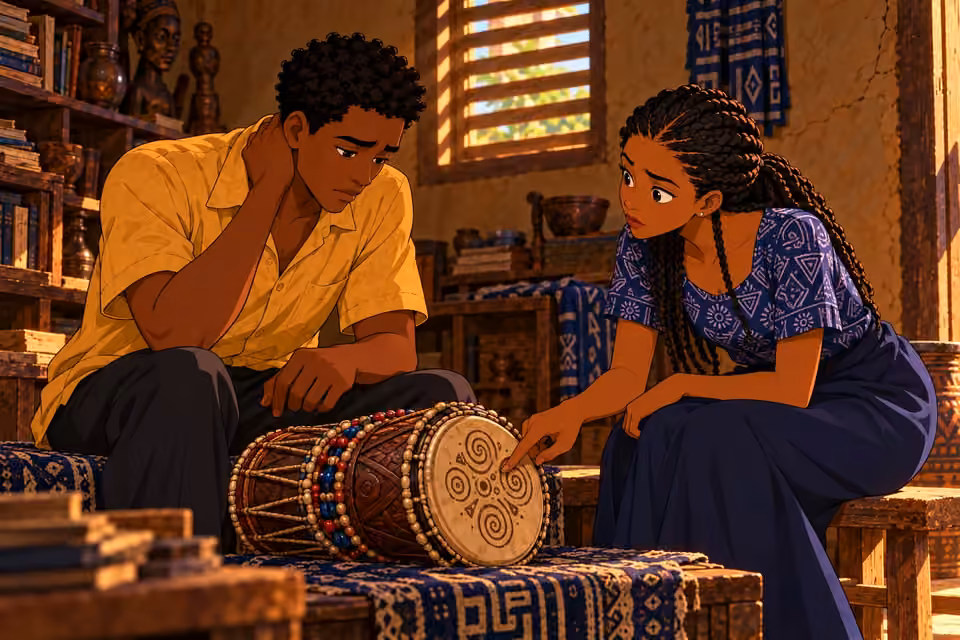 Ifáyemi studies the inscription while Ayo tells her about his sister.