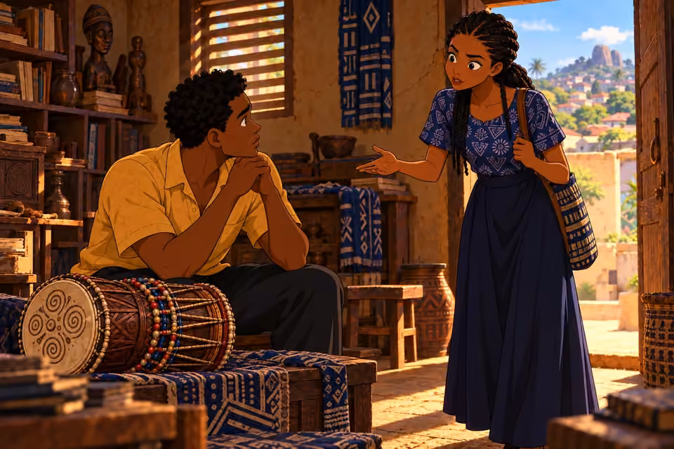 Ifáyemi proposes visiting the revered drum maker Baba Ayinde.