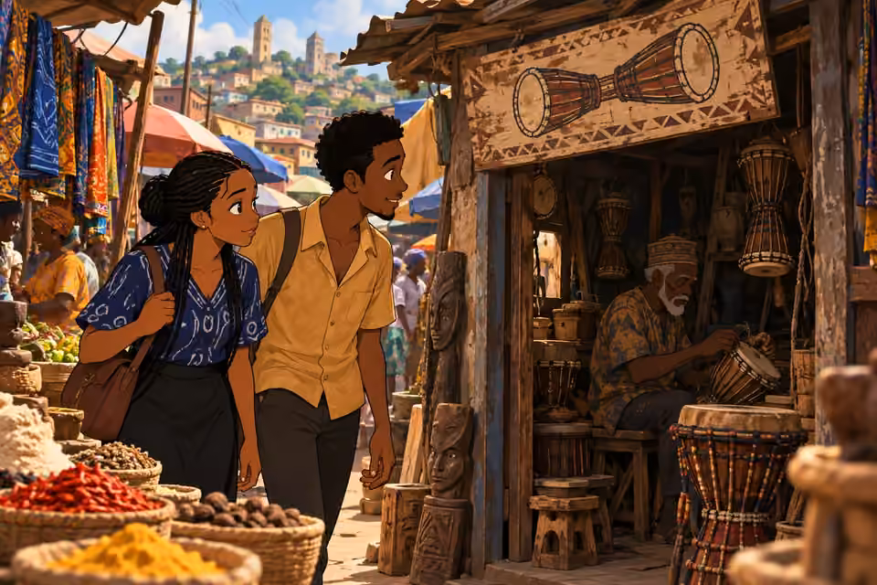 Cartoon illustration of Ayo and Ifáyemi arriving at a drum maker’s workshop amid the fabrics and spices of Ibadan market.