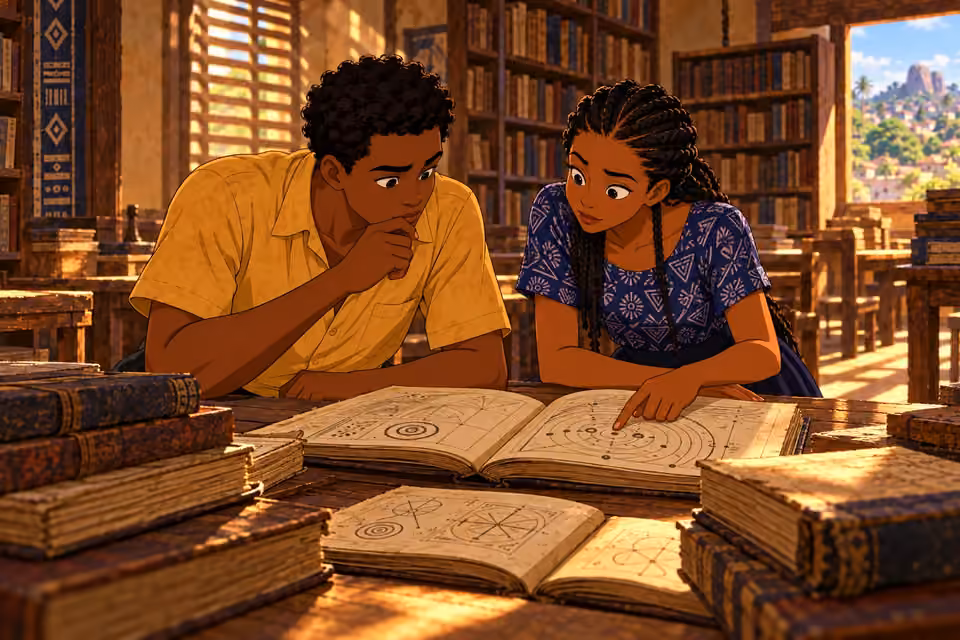 Ayo and Ifáyemi search old library books for the Ifa of Passage.