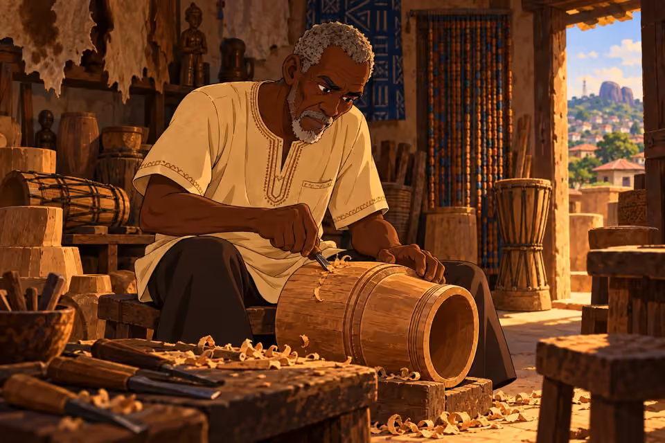 Baba Ayinde works on a partly formed Batá in his workshop.