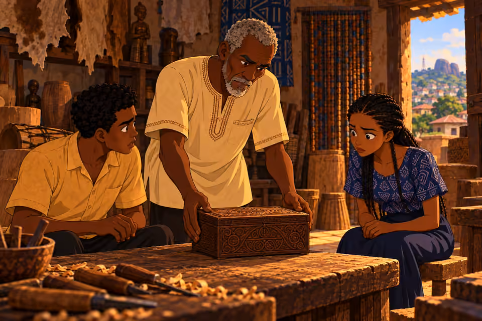 Baba Ayinde places a carved wooden box before them.