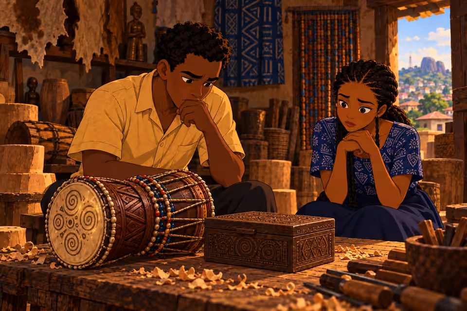 Ayo and Ifáyemi sit with the box after Baba leaves them to decide.