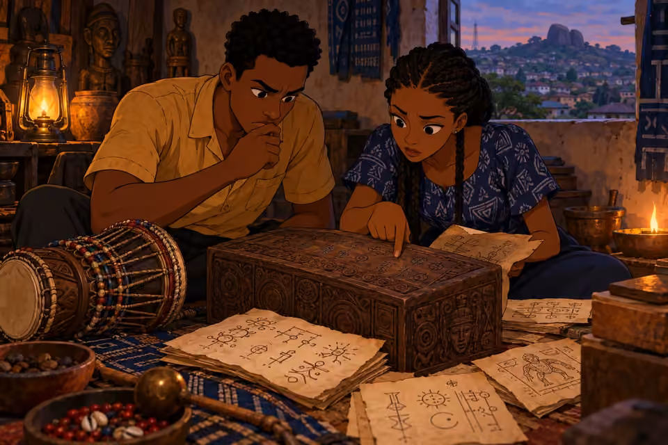 Cartoon illustration of Ayo and Ifáyemi studying cryptic carvings on a wooden box by lamplight.