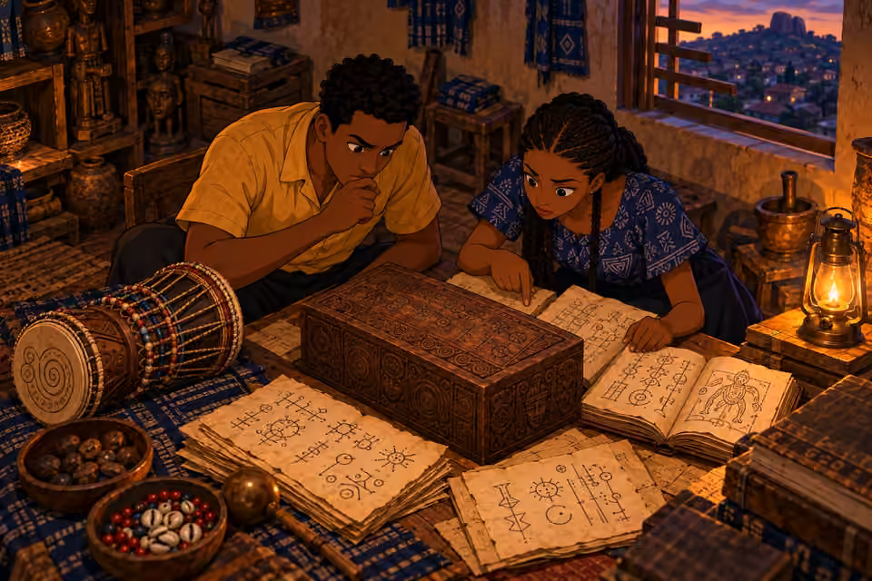 Ayo and Ifáyemi prepare to decipher the forbidden rhythm.