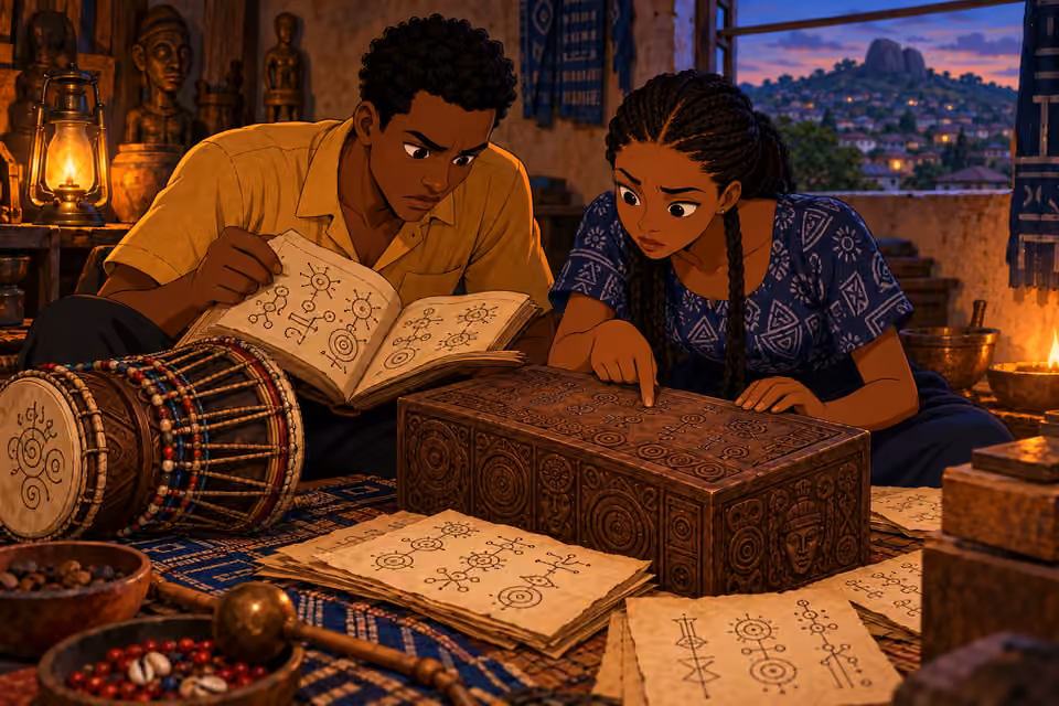 The pair study the wooden box to decipher a complex ceremony.