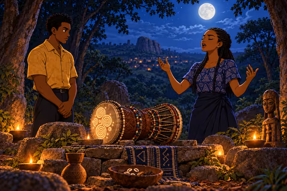 Ifáyemi chants the invocation in the moonlit clearing.
