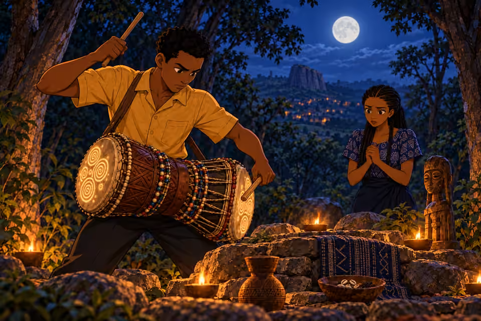 Ayo begins the forbidden rhythm on his Batá drum.
